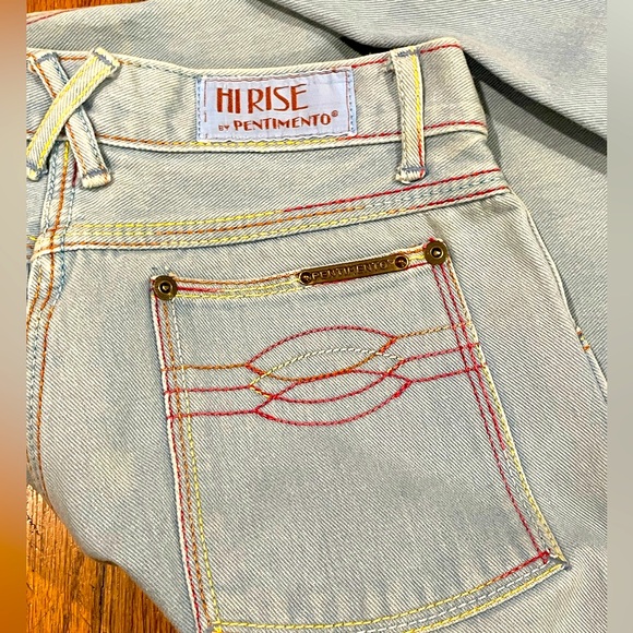 Hi-Rise by Pentimento Denim - Vintage High Waisted Light Wash Pentimento Jeans with Rainbow Thread Detail